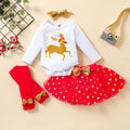 Baby Girl Christmas Outfit 4-Piece Set – Reindeer Romper, Tutu Skirt, Leg Warmers & Headband (0-18M)