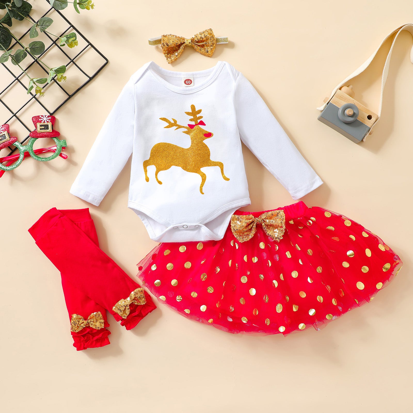 Baby Girl Christmas Outfit 4-Piece Set – Reindeer Romper, Tutu Skirt, Leg Warmers & Headband (0-18M)