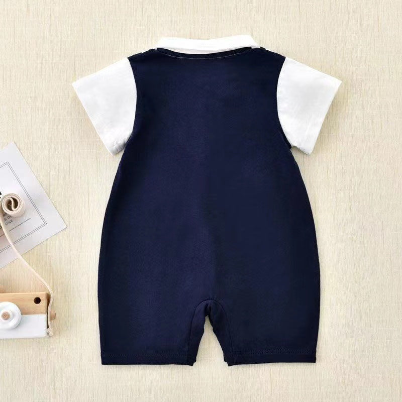 Boy Summer One-Year-Old Fake Two-Piece Bow Tie Romper, Stylish Preppy Gentleman Short Sleeve Bodysuit