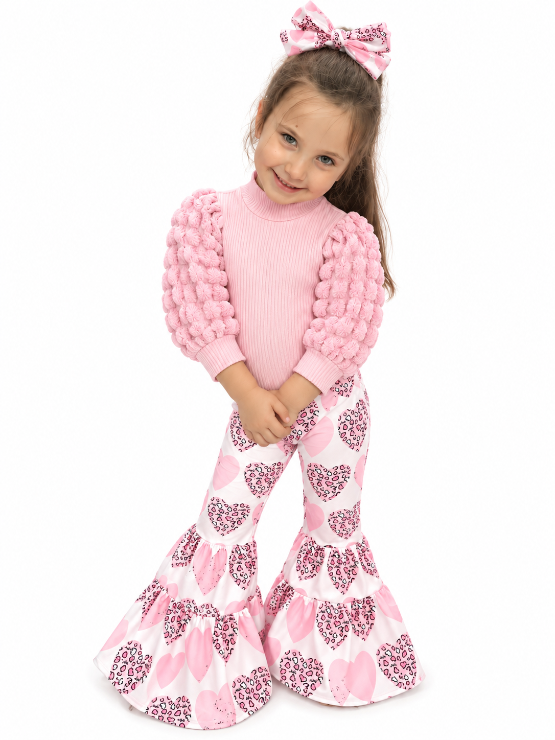 Children's Bubble Texture Long Sleeve Top and Pants Set with Headband