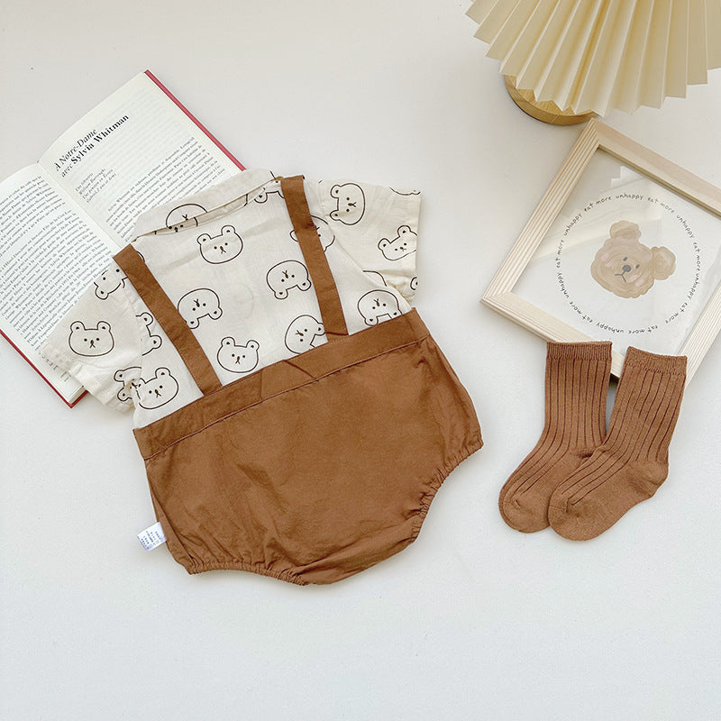 Cute Summer Baby Romper for 1-Year-Old Boys, Thin Short Sleeve, Bear Print Faux Two-Piece Shirt Style Bodysuit
