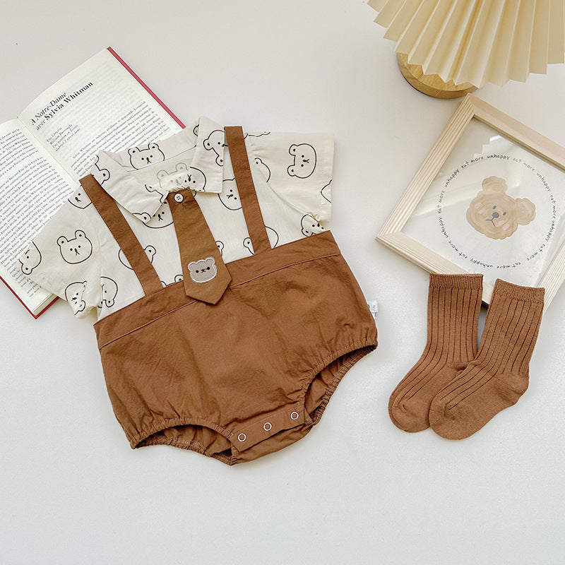 Cute Summer Baby Romper for 1-Year-Old Boys, Thin Short Sleeve, Bear Print Faux Two-Piece Shirt Style Bodysuit