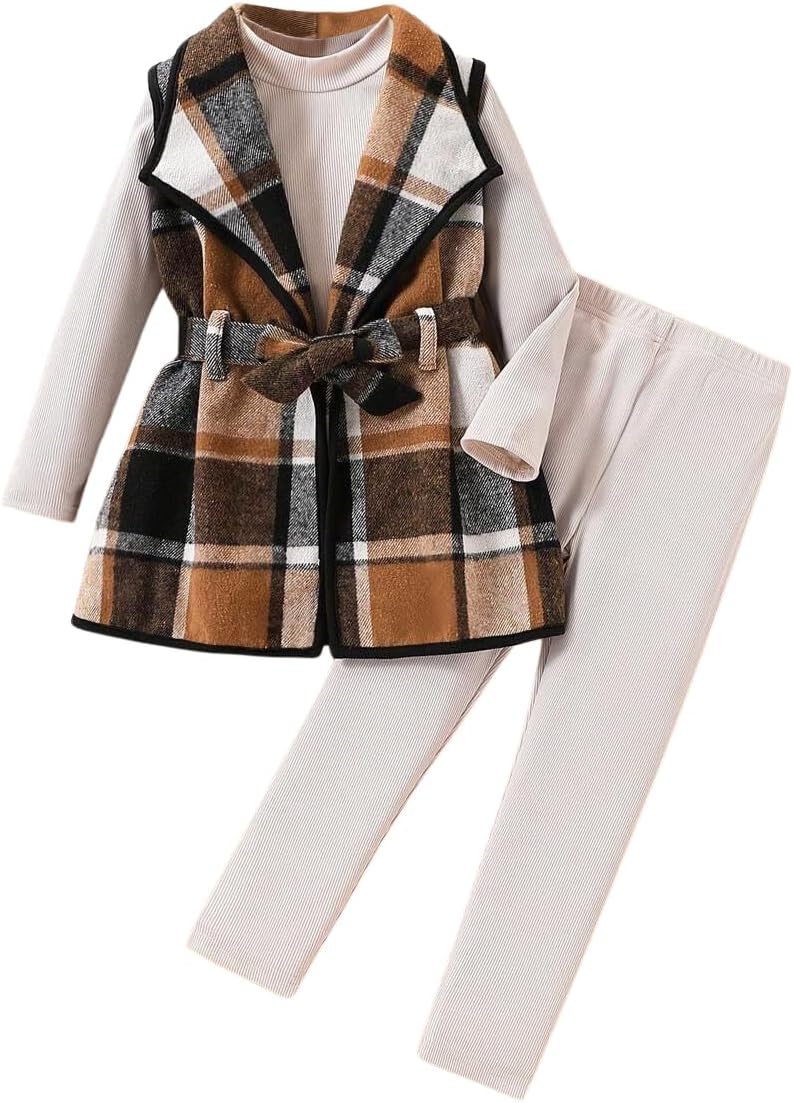 LFIYSWYD Girls' 3-Piece Plaid Flannel Vest Top and Pants Set