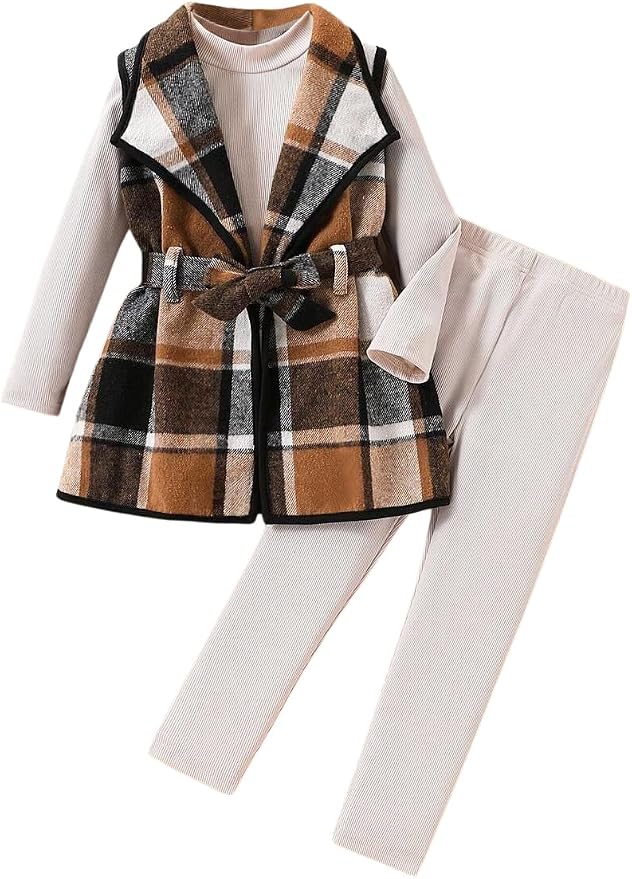 LFIYSWYD Girls' 3-Piece Plaid Flannel Vest Top and Pants Set