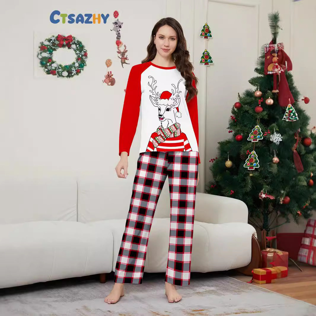 Christmas Family Matching Loungewear – Santa & Deer Print Scarf Hat Set for Adults, Kids & Baby