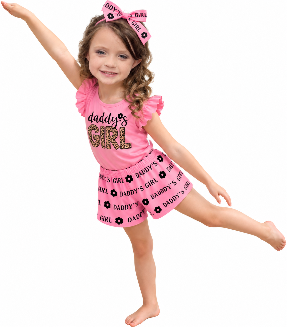 Children's Headband Letter Ruffle Sleeve Top and Shorts 3-Piece Set
