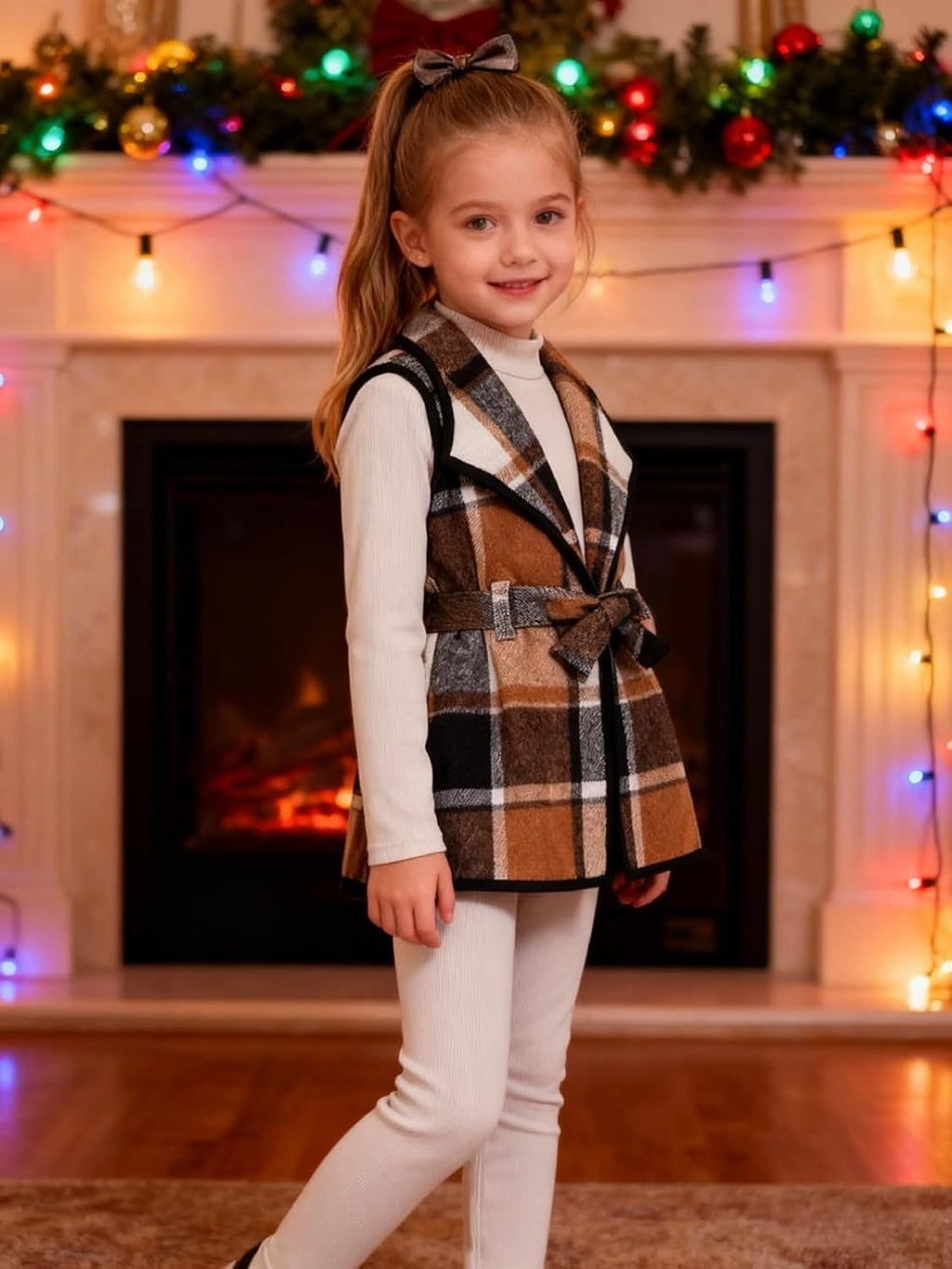 LFIYSWYD Girls' 3-Piece Plaid Flannel Vest Top and Pants Set