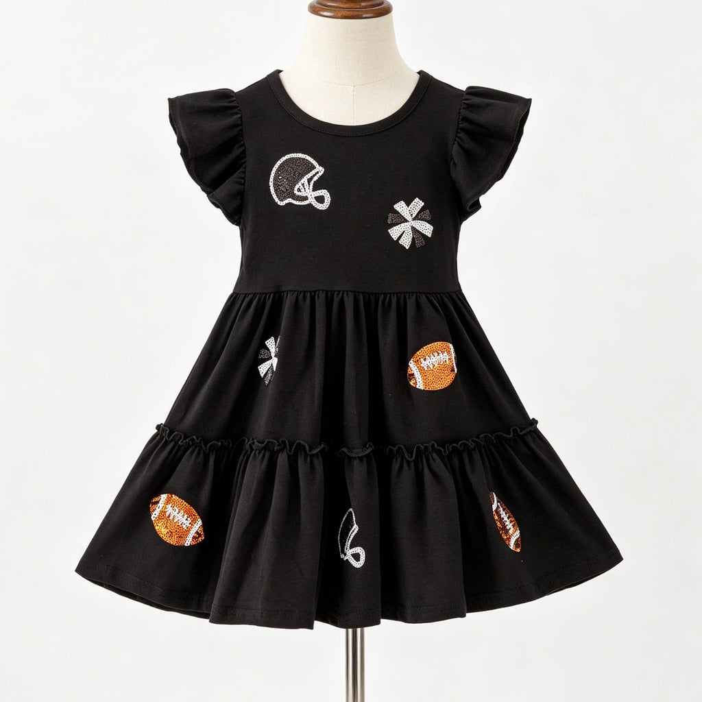 Black Football Sequin Girls Dress: 9/10 yrs