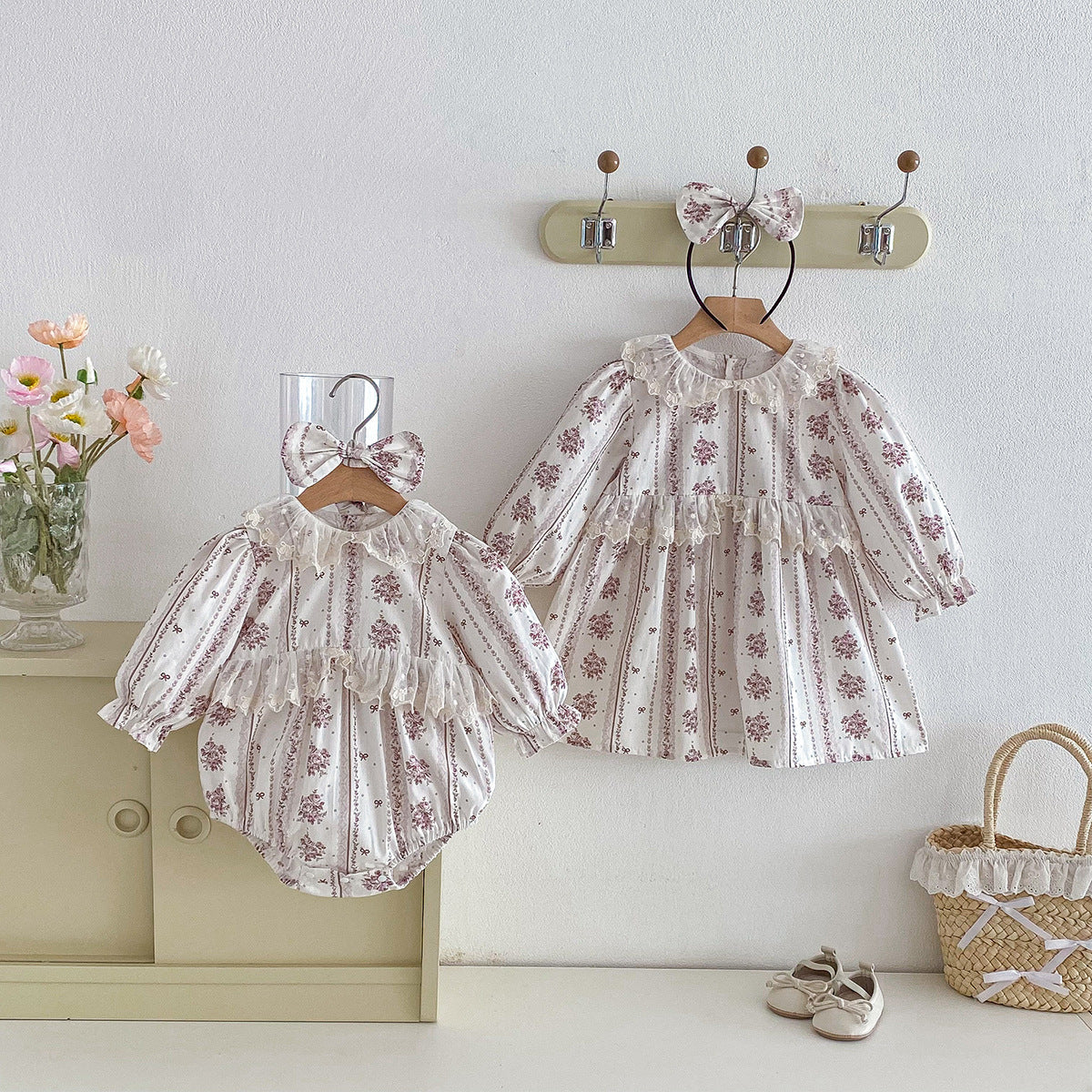 Spring Baby Clothes Girl Lace Trim Bodysuit Ins Style Dress Spring Outfit New Year Clothing