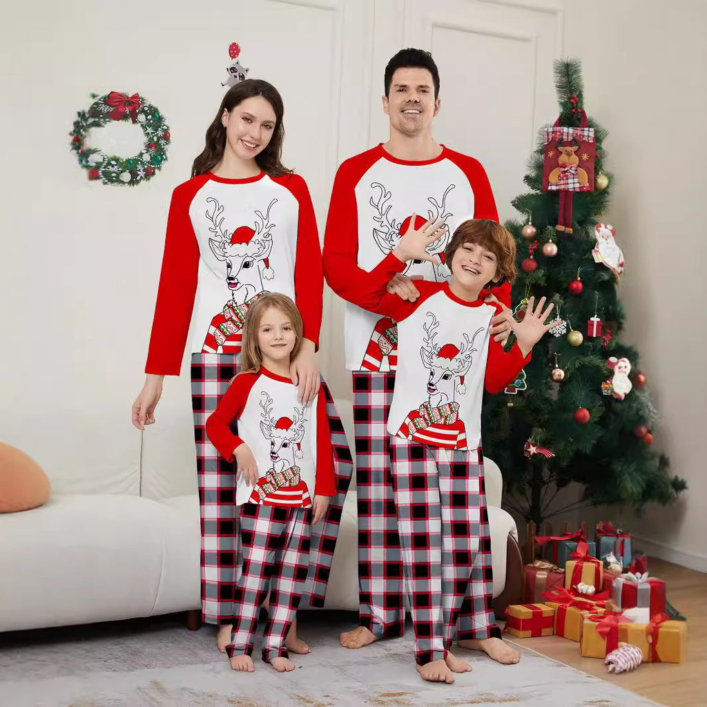Christmas Family Matching Loungewear – Santa & Deer Print Scarf Hat Set for Adults, Kids & Baby