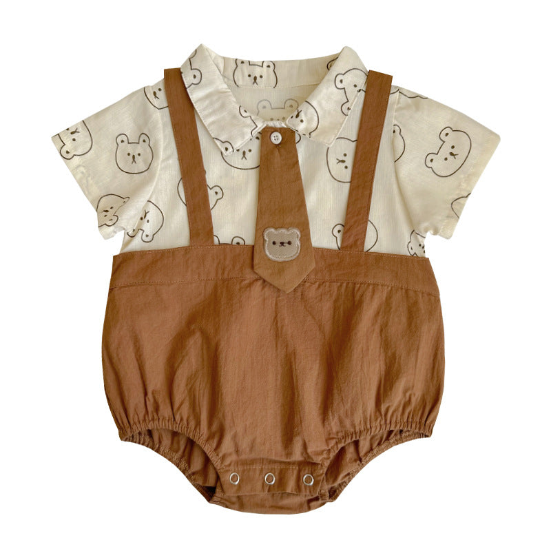 Cute Summer Baby Romper for 1-Year-Old Boys, Thin Short Sleeve, Bear Print Faux Two-Piece Shirt Style Bodysuit