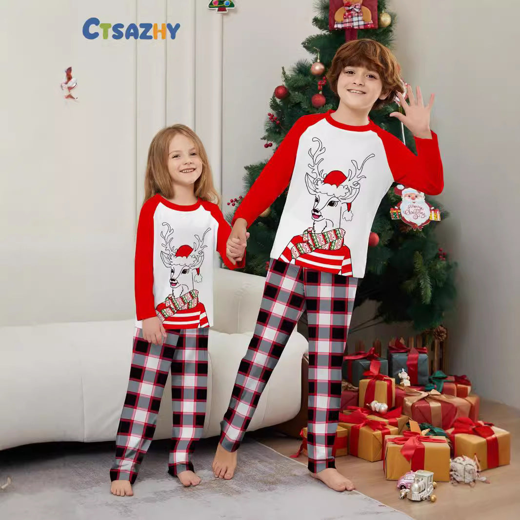 Christmas Family Matching Loungewear – Santa & Deer Print Scarf Hat Set for Adults, Kids & Baby