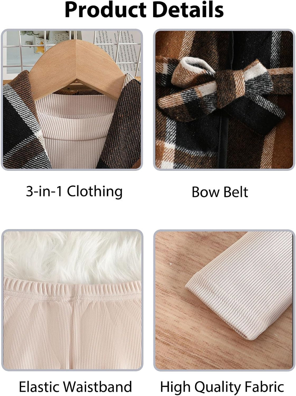 LFIYSWYD Girls' 3-Piece Plaid Flannel Vest Top and Pants Set