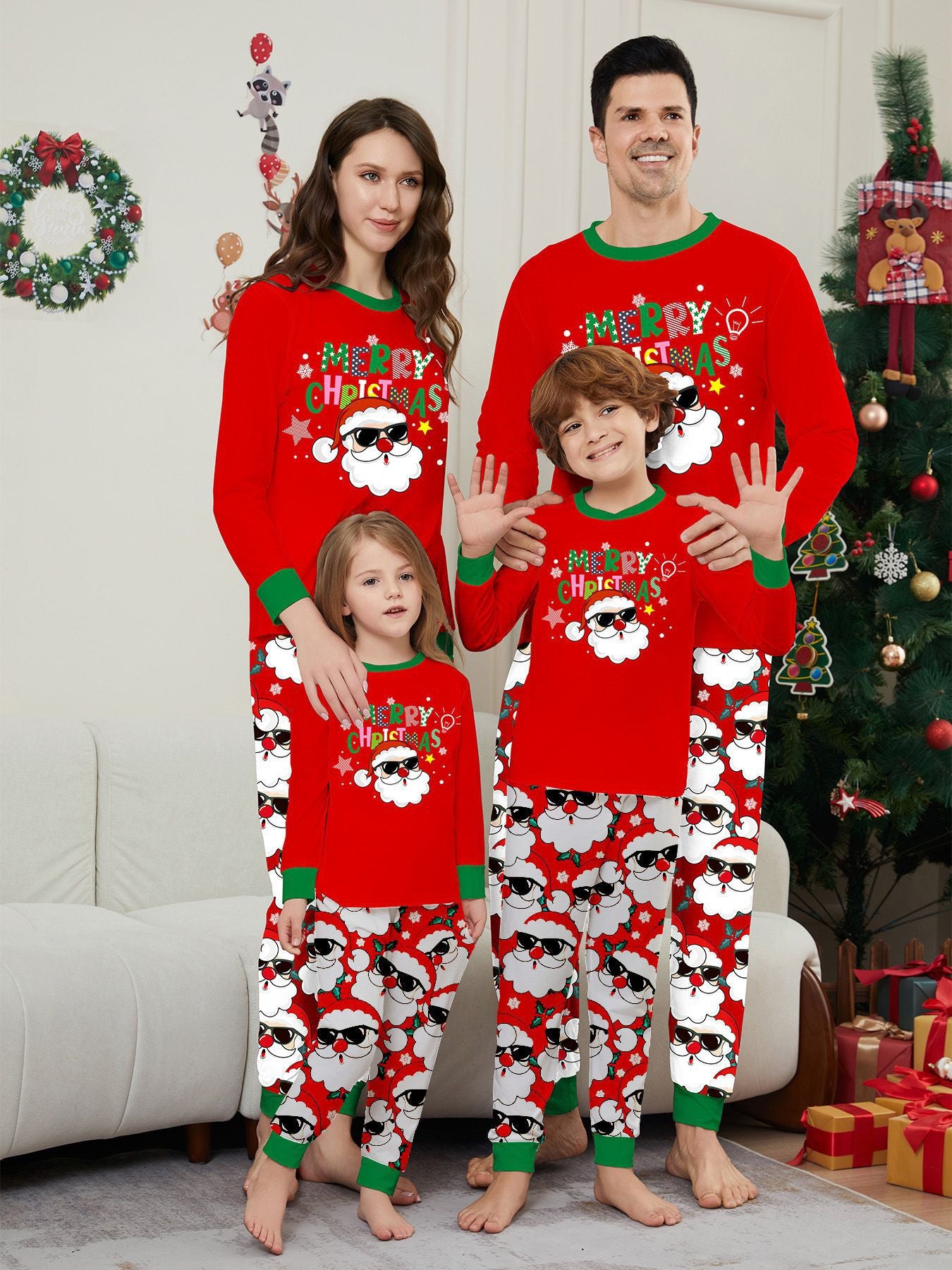 Family Christmas Matching Outfits – Santa Claus Print Loungewear Set for Adults, Kids & Baby