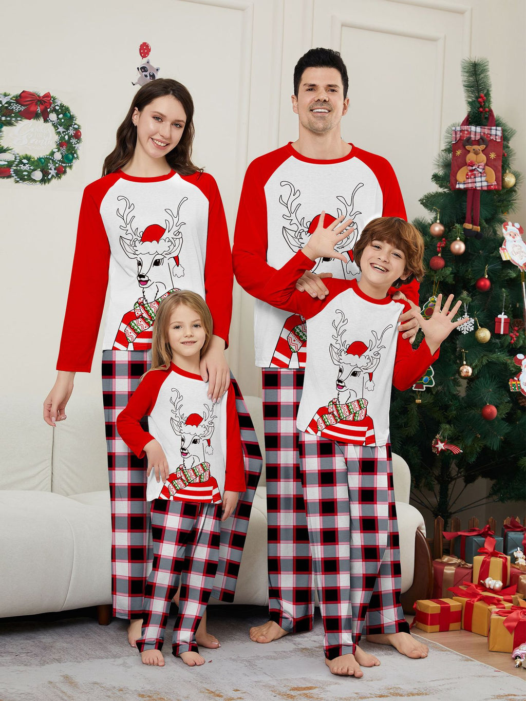 Christmas Family Matching Loungewear – Santa & Deer Print Scarf Hat Set for Adults, Kids & Baby