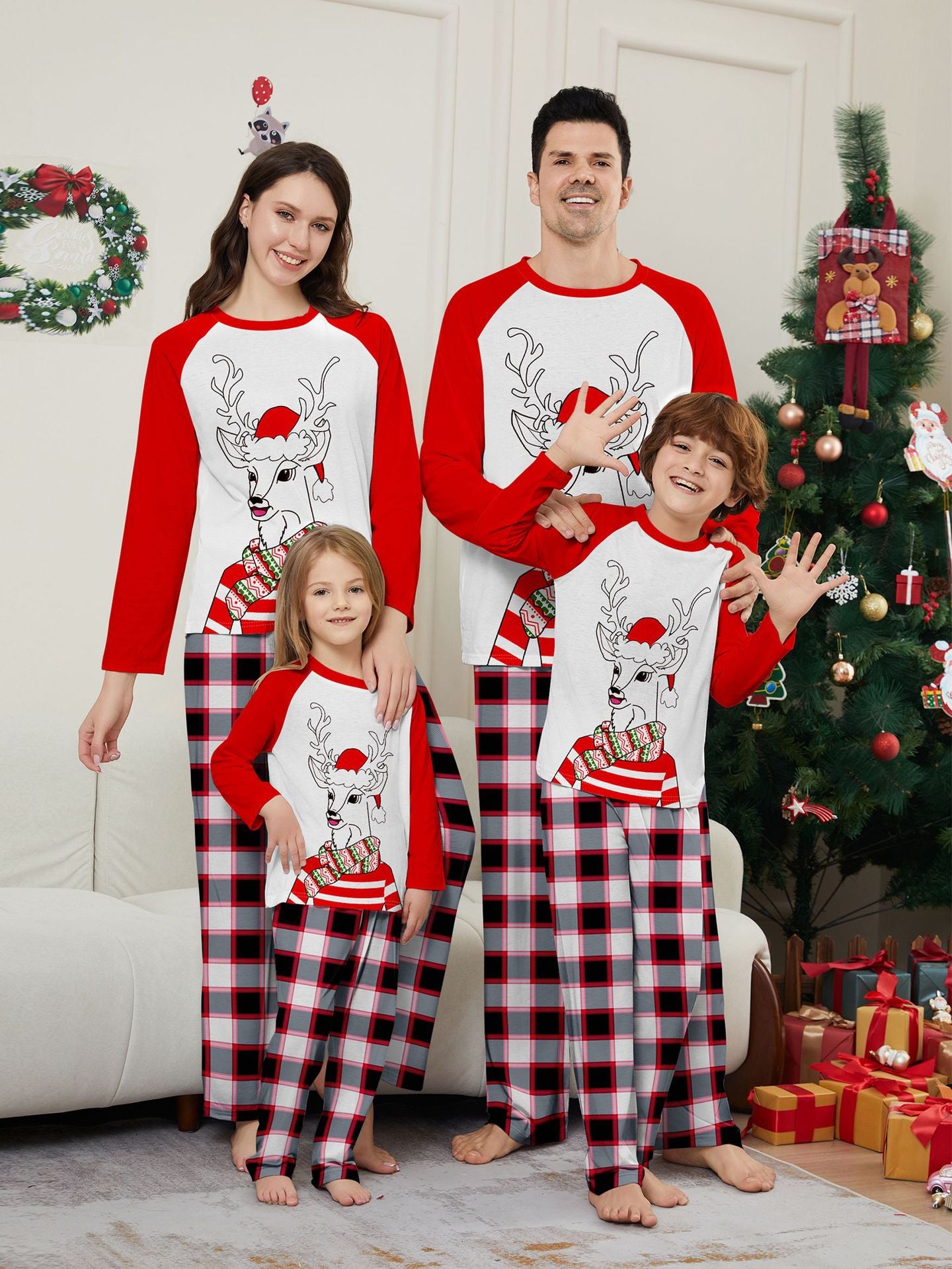 Christmas Family Matching Loungewear – Santa & Deer Print Scarf Hat Set for Adults, Kids & Baby