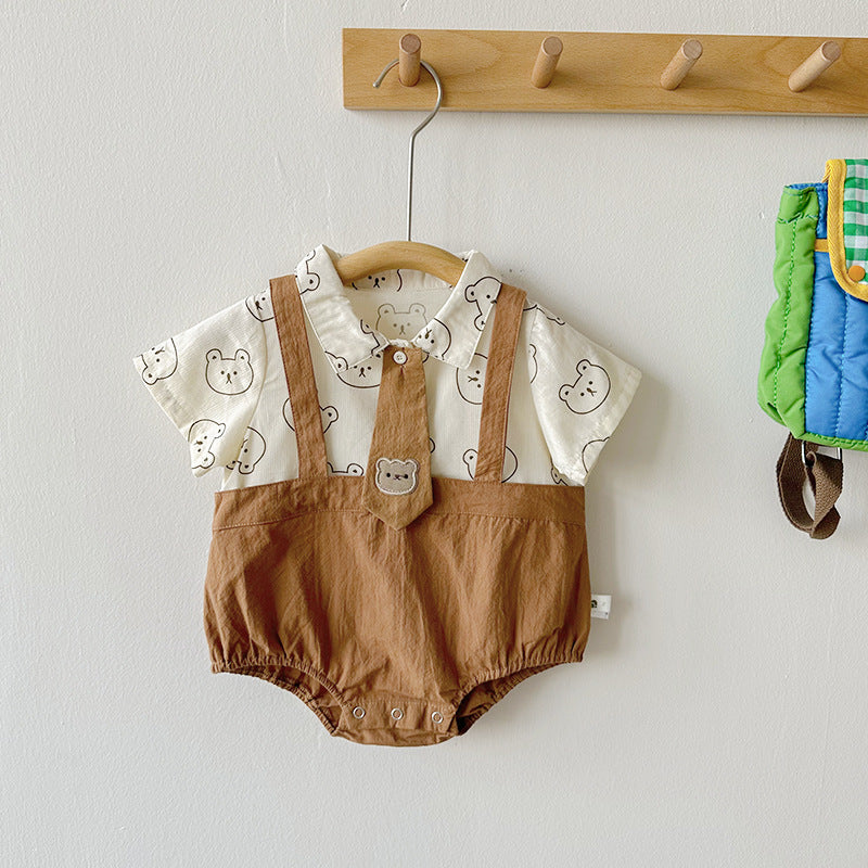 Cute Summer Baby Romper for 1-Year-Old Boys, Thin Short Sleeve, Bear Print Faux Two-Piece Shirt Style Bodysuit