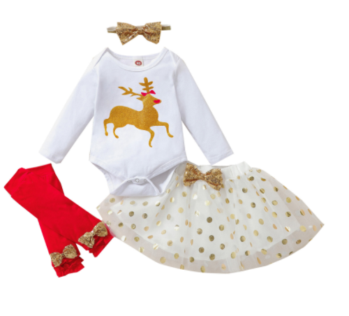 Baby Girl Christmas Outfit 4-Piece Set – Reindeer Romper, Tutu Skirt, Leg Warmers & Headband (0-18M)