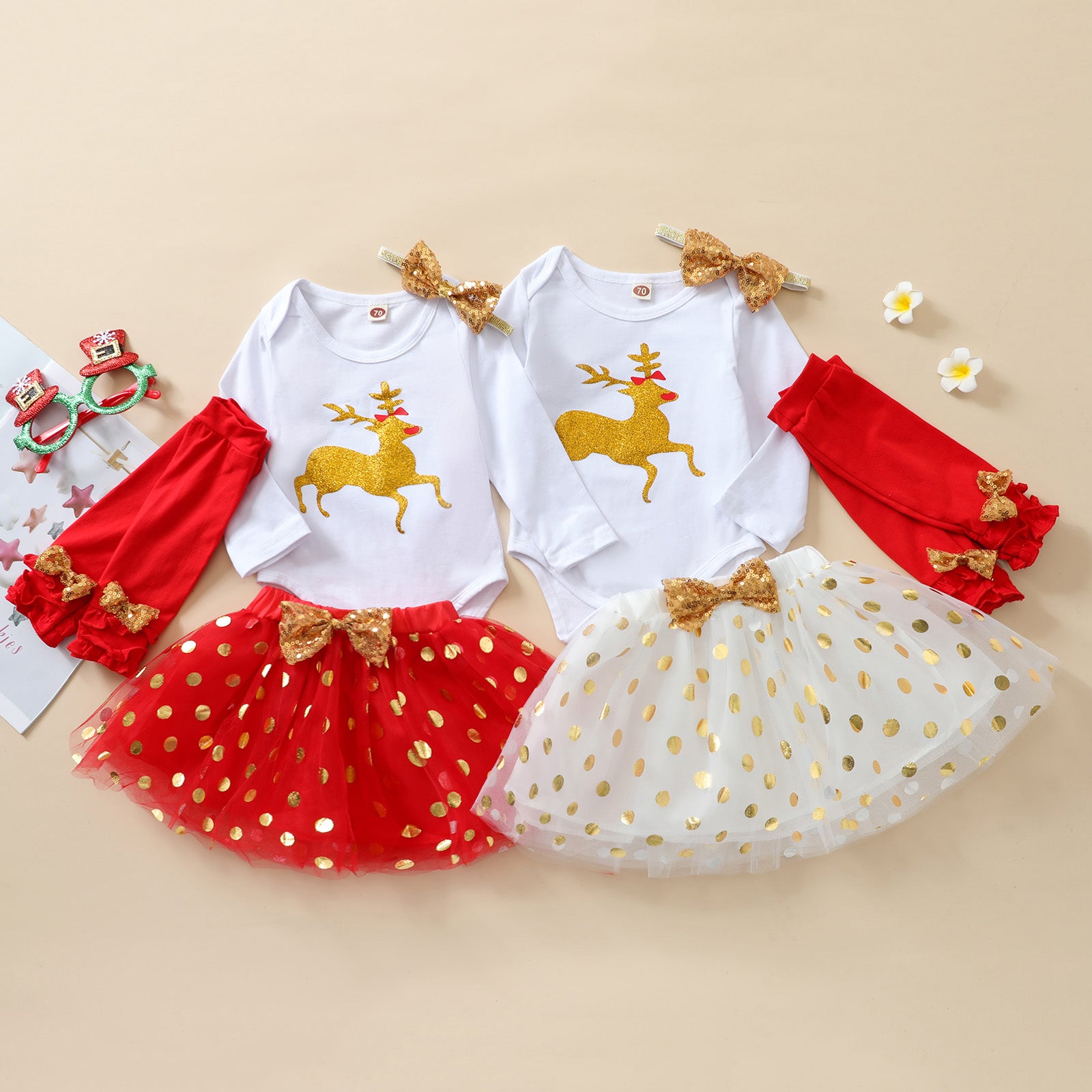 Baby Girl Christmas Outfit 4-Piece Set – Reindeer Romper, Tutu Skirt, Leg Warmers & Headband (0-18M)