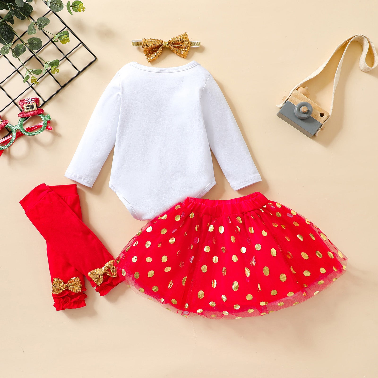 Baby Girl Christmas Outfit 4-Piece Set – Reindeer Romper, Tutu Skirt, Leg Warmers & Headband (0-18M)
