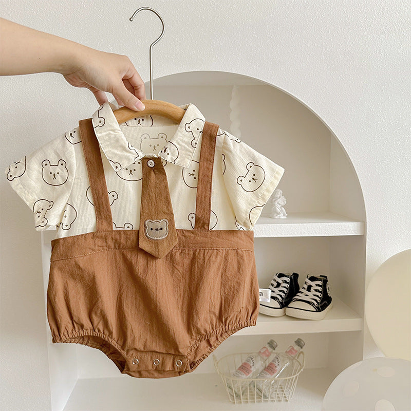 Cute Summer Baby Romper for 1-Year-Old Boys, Thin Short Sleeve, Bear Print Faux Two-Piece Shirt Style Bodysuit