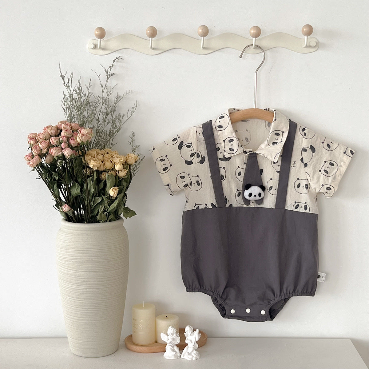 Cute Summer Baby Romper for 1-Year-Old Boys, Thin Short Sleeve, Bear Print Faux Two-Piece Shirt Style Bodysuit