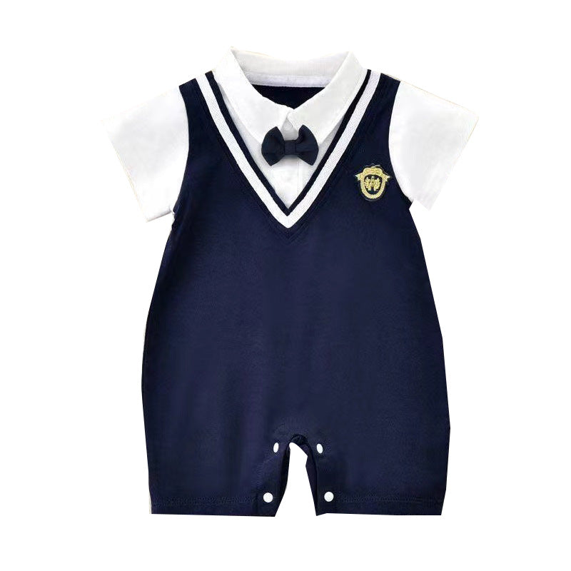 Boy Summer One-Year-Old Fake Two-Piece Bow Tie Romper, Stylish Preppy Gentleman Short Sleeve Bodysuit
