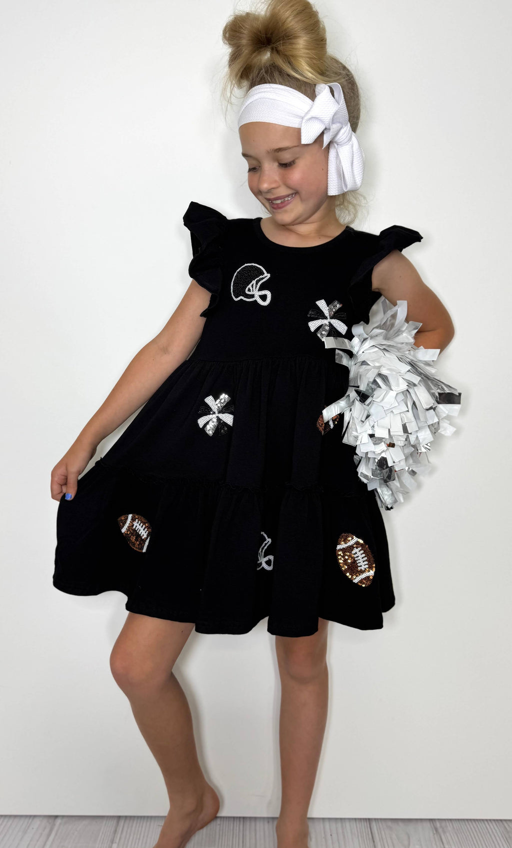 Black Football Sequin Girls Dress: 9/10 yrs